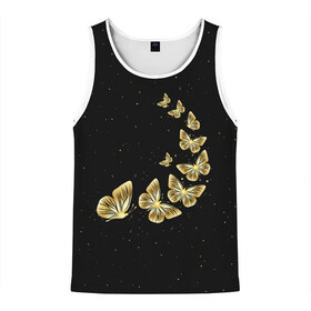 Мужская майка 3D с принтом Golden Butterfly in Space в Новосибирске, 100% полиэстер | круглая горловина, приталенный силуэт, длина до линии бедра. Пройма и горловина окантованы тонкой бейкой | Тематика изображения на принте: black | summer | wings | ангел | бабочка | бабочки | блестки | блестящий | девушке | желтые | животные | звезды | звери | золото | золотые | космос | крылья | летать | летний | лето | мотылек | насекомое | ночные