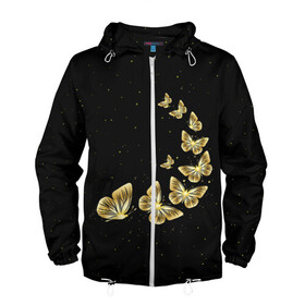Мужская ветровка 3D с принтом Golden Butterfly in Space в Новосибирске, 100% полиэстер | подол и капюшон оформлены резинкой с фиксаторами, два кармана без застежек по бокам, один потайной карман на груди | Тематика изображения на принте: black | summer | wings | ангел | бабочка | бабочки | блестки | блестящий | девушке | желтые | животные | звезды | звери | золото | золотые | космос | крылья | летать | летний | лето | мотылек | насекомое | ночные