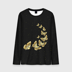 Мужской лонгслив 3D с принтом Golden Butterfly in Space в Новосибирске, 100% полиэстер | длинные рукава, круглый вырез горловины, полуприлегающий силуэт | black | summer | wings | ангел | бабочка | бабочки | блестки | блестящий | девушке | желтые | животные | звезды | звери | золото | золотые | космос | крылья | летать | летний | лето | мотылек | насекомое | ночные