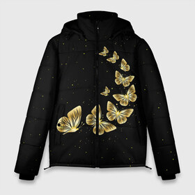 Мужская зимняя куртка 3D с принтом Golden Butterfly in Space в Новосибирске, верх — 100% полиэстер; подкладка — 100% полиэстер; утеплитель — 100% полиэстер | длина ниже бедра, свободный силуэт Оверсайз. Есть воротник-стойка, отстегивающийся капюшон и ветрозащитная планка. 

Боковые карманы с листочкой на кнопках и внутренний карман на молнии. | Тематика изображения на принте: black | summer | wings | ангел | бабочка | бабочки | блестки | блестящий | девушке | желтые | животные | звезды | звери | золото | золотые | космос | крылья | летать | летний | лето | мотылек | насекомое | ночные