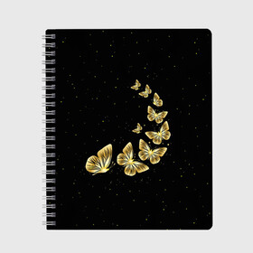 Тетрадь с принтом Golden Butterfly in Space в Новосибирске, 100% бумага | 48 листов, плотность листов — 60 г/м2, плотность картонной обложки — 250 г/м2. Листы скреплены сбоку удобной пружинной спиралью. Уголки страниц и обложки скругленные. Цвет линий — светло-серый
 | Тематика изображения на принте: black | summer | wings | ангел | бабочка | бабочки | блестки | блестящий | девушке | желтые | животные | звезды | звери | золото | золотые | космос | крылья | летать | летний | лето | мотылек | насекомое | ночные