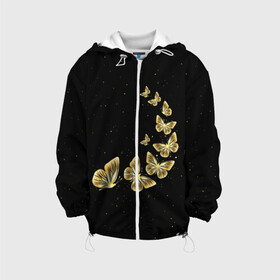 Детская куртка 3D с принтом Golden Butterfly in Space в Новосибирске, 100% полиэстер | застежка — молния, подол и капюшон оформлены резинкой с фиксаторами, по бокам — два кармана без застежек, один потайной карман на груди, плотность верхнего слоя — 90 г/м2; плотность флисового подклада — 260 г/м2 | Тематика изображения на принте: black | summer | wings | ангел | бабочка | бабочки | блестки | блестящий | девушке | желтые | животные | звезды | звери | золото | золотые | космос | крылья | летать | летний | лето | мотылек | насекомое | ночные