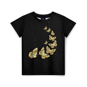 Детская футболка 3D с принтом Golden Butterfly in Space в Новосибирске, 100% гипоаллергенный полиэфир | прямой крой, круглый вырез горловины, длина до линии бедер, чуть спущенное плечо, ткань немного тянется | black | summer | wings | ангел | бабочка | бабочки | блестки | блестящий | девушке | желтые | животные | звезды | звери | золото | золотые | космос | крылья | летать | летний | лето | мотылек | насекомое | ночные
