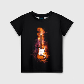 Детская футболка 3D с принтом Огонь музыка в Новосибирске, 100% гипоаллергенный полиэфир | прямой крой, круглый вырез горловины, длина до линии бедер, чуть спущенное плечо, ткань немного тянется | black | гитара | гитарист | гитаристу | демон | инструменты | музыка | музыкальные | музыкант | огненный | огонек | огонь | пение | песня | пламя | поп | профессия | рок | рокер | струны | хобби