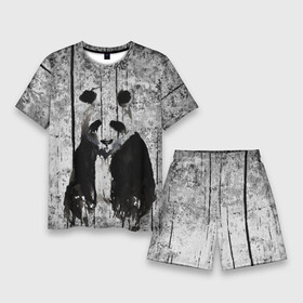 Мужской костюм с шортами 3D с принтом Грустная Панда в Новосибирске,  |  | bear | gray | mine | panda | rdanimals | арт | белая | белое | белый | медведь | минимализм | панда | панды | полосатый | прикольная | принт | светлая | серая | темная | чб | черная | черно белая | черное | черный