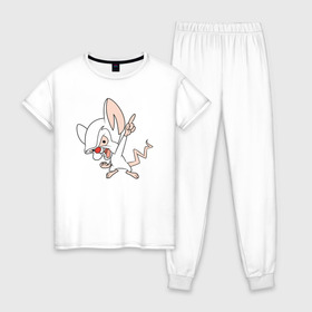Женская пижама хлопок с принтом Брейн Animaniacs в Новосибирске, 100% хлопок | брюки и футболка прямого кроя, без карманов, на брюках мягкая резинка на поясе и по низу штанин | animaniacs | vdpartat | белая мышь | брейн | гений | озорные анимашки