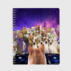 Тетрадь с принтом КОТ DJ в Новосибирске, 100% бумага | 48 листов, плотность листов — 60 г/м2, плотность картонной обложки — 250 г/м2. Листы скреплены сбоку удобной пружинной спиралью. Уголки страниц и обложки скругленные. Цвет линий — светло-серый
 | Тематика изображения на принте: cat | взгляд | кот | кот хипстер | котёнок | котятки | котятушки | кошечки | кошка | мордочка