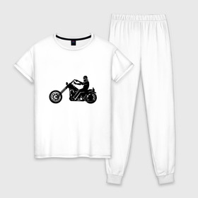 Женская пижама хлопок с принтом Chopper (Z) в Новосибирске, 100% хлопок | брюки и футболка прямого кроя, без карманов, на брюках мягкая резинка на поясе и по низу штанин | bike | chopper | harley davidson | hdi | hog | moto | motorcycle | байк | мотоцикл | мотоциклист | харли дэвидсон | чоппер