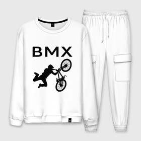 Мужской костюм хлопок с принтом Велоспорт BMX (Z) в Новосибирске, 100% хлопок | на свитшоте круглая горловина, мягкая резинка по низу. Брюки заужены к низу, на них два вида карманов: два “обычных” по бокам и два объемных, с клапанами, расположенные ниже линии бедра. Брюки с мягкой трикотажной резинкой на поясе и по низу штанин. В поясе для дополнительного комфорта — широкие завязки | Тематика изображения на принте: bicycle | bicyclist | bike | biker | bmx | cycle | rider | байкер | бмх | вело | велогонщик | велосепедист | велосипед | гонщик