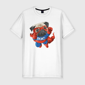 Мужская футболка хлопок Slim с принтом Мопс супергерой в Новосибирске, 92% хлопок, 8% лайкра | приталенный силуэт, круглый вырез ворота, длина до линии бедра, короткий рукав | арт | животные | картинка | костюм супергероя | летающий пес | мопс | пес | плащ | рисунок | собака | собачка | супергерой | супермэн