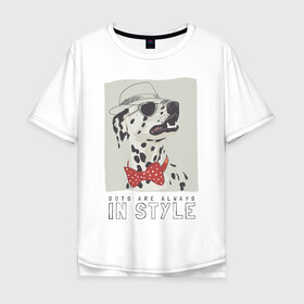 Мужская футболка хлопок Oversize с принтом далматинец на стиле в Новосибирске, 100% хлопок | свободный крой, круглый ворот, “спинка” длиннее передней части | Тематика изображения на принте: арт | бабочка | далматинец | джентльмен | животные | картинка | мода | на моде | очки | пес | рисунок | собака | стиль | стильная собака | шляпа