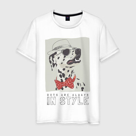 Мужская футболка хлопок с принтом далматинец на стиле в Новосибирске, 100% хлопок | прямой крой, круглый вырез горловины, длина до линии бедер, слегка спущенное плечо. | арт | бабочка | далматинец | джентльмен | животные | картинка | мода | на моде | очки | пес | рисунок | собака | стиль | стильная собака | шляпа