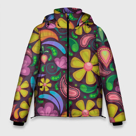 Мужская зимняя куртка 3D с принтом летние цветы узор на темном в Новосибирске, верх — 100% полиэстер; подкладка — 100% полиэстер; утеплитель — 100% полиэстер | длина ниже бедра, свободный силуэт Оверсайз. Есть воротник-стойка, отстегивающийся капюшон и ветрозащитная планка. 

Боковые карманы с листочкой на кнопках и внутренний карман на молнии. | арт | вектор | лето | рисунок | ромашки | темный фон | узор | хаотичный | цветы