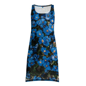 Платье-майка 3D с принтом Поле синих цветов фиалки лето в Новосибирске, 100% полиэстер | полуприлегающий силуэт, широкие бретели, круглый вырез горловины, удлиненный подол сзади. | голубые цветочки | лето | луг | незабудки | поле | поляна | синие цветы | узор из цветов | фиалки | фото реализм | цветы