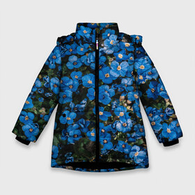 Зимняя куртка для девочек 3D с принтом Поле синих цветов фиалки лето в Новосибирске, ткань верха — 100% полиэстер; подклад — 100% полиэстер, утеплитель — 100% полиэстер. | длина ниже бедра, удлиненная спинка, воротник стойка и отстегивающийся капюшон. Есть боковые карманы с листочкой на кнопках, утяжки по низу изделия и внутренний карман на молнии. 

Предусмотрены светоотражающий принт на спинке, радужный светоотражающий элемент на пуллере молнии и на резинке для утяжки. | Тематика изображения на принте: голубые цветочки | лето | луг | незабудки | поле | поляна | синие цветы | узор из цветов | фиалки | фото реализм | цветы