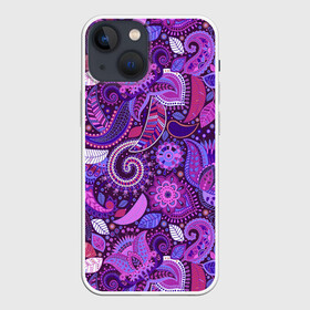 Чехол для iPhone 13 mini с принтом фиолетовый этнический дудлинг в Новосибирске,  |  | Тематика изображения на принте: геометрия | дудлинг | дудлы | линии | рисунок | точки | узоры | фигуры | фиолетовый | цветы | этнический
