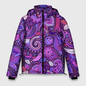 Мужская зимняя куртка 3D с принтом фиолетовый этнический дудлинг в Новосибирске, верх — 100% полиэстер; подкладка — 100% полиэстер; утеплитель — 100% полиэстер | длина ниже бедра, свободный силуэт Оверсайз. Есть воротник-стойка, отстегивающийся капюшон и ветрозащитная планка. 

Боковые карманы с листочкой на кнопках и внутренний карман на молнии. | Тематика изображения на принте: геометрия | дудлинг | дудлы | линии | рисунок | точки | узоры | фигуры | фиолетовый | цветы | этнический
