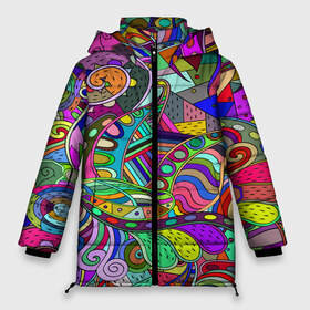 Женская зимняя куртка 3D с принтом Дудлы узор разноцветный хиппи в Новосибирске, верх — 100% полиэстер; подкладка — 100% полиэстер; утеплитель — 100% полиэстер | длина ниже бедра, силуэт Оверсайз. Есть воротник-стойка, отстегивающийся капюшон и ветрозащитная планка. 

Боковые карманы с листочкой на кнопках и внутренний карман на молнии | Тематика изображения на принте: dudly | абстракция | геометрия | дудлинг | дудлы | линия | разноцветный | рисунок | точка | узор | хиппи | цвета | ярко