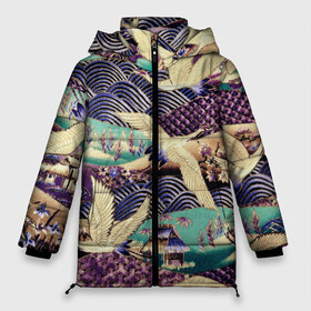 Женская зимняя куртка 3D с принтом Японская вышивка с журавлями в Новосибирске, верх — 100% полиэстер; подкладка — 100% полиэстер; утеплитель — 100% полиэстер | длина ниже бедра, силуэт Оверсайз. Есть воротник-стойка, отстегивающийся капюшон и ветрозащитная планка. 

Боковые карманы с листочкой на кнопках и внутренний карман на молнии | textures | азиатский | азия | весна | восточный | вышивка сашико | вышивка японская | журавли | журавли вышивка | журавли летят | кимоно | крылья | лето | полет | природа | птицы | птичья стая | текстуры