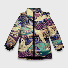 Зимняя куртка для девочек 3D с принтом Японская вышивка с журавлями в Новосибирске, ткань верха — 100% полиэстер; подклад — 100% полиэстер, утеплитель — 100% полиэстер. | длина ниже бедра, удлиненная спинка, воротник стойка и отстегивающийся капюшон. Есть боковые карманы с листочкой на кнопках, утяжки по низу изделия и внутренний карман на молнии. 

Предусмотрены светоотражающий принт на спинке, радужный светоотражающий элемент на пуллере молнии и на резинке для утяжки. | textures | азиатский | азия | весна | восточный | вышивка сашико | вышивка японская | журавли | журавли вышивка | журавли летят | кимоно | крылья | лето | полет | природа | птицы | птичья стая | текстуры
