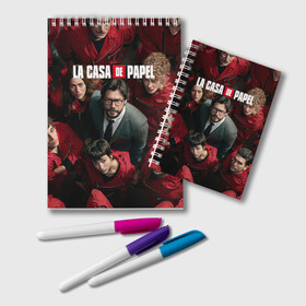 Блокнот с принтом La Casa de Papel (Z) в Новосибирске, 100% бумага | 48 листов, плотность листов — 60 г/м2, плотность картонной обложки — 250 г/м2. Листы скреплены удобной пружинной спиралью. Цвет линий — светло-серый
 | la casa de papel | netflix | берлин | бумажный дом | лиссабон | профессор | сальва | токио