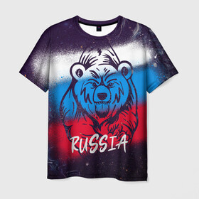 Мужская футболка 3D с принтом Russia Bear в Новосибирске, 100% полиэфир | прямой крой, круглый вырез горловины, длина до линии бедер | 12 июня | bear | marble | russia | грозный медведь | день россии | медведь | мишка | мрамор | мраморная | праздник | россия | страна | триколор | флаг