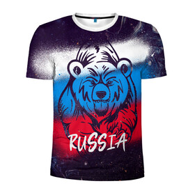 Мужская футболка 3D спортивная с принтом Russia Bear в Новосибирске, 100% полиэстер с улучшенными характеристиками | приталенный силуэт, круглая горловина, широкие плечи, сужается к линии бедра | 12 июня | bear | marble | russia | грозный медведь | день россии | медведь | мишка | мрамор | мраморная | праздник | россия | страна | триколор | флаг