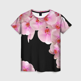 Женская футболка 3D с принтом Орхидеи в ночи в Новосибирске, 100% полиэфир ( синтетическое хлопкоподобное полотно) | прямой крой, круглый вырез горловины, длина до линии бедер | азия | бабочки | бутоны | ветки | девушкам | джунгли | женщинам | лепестки | летний | лето | листья | любовь | март | орхидеи | орхидея | подарок | природа | растения | розовыецветы | сад | тропика