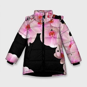 Зимняя куртка для девочек 3D с принтом Орхидеи в ночи в Новосибирске, ткань верха — 100% полиэстер; подклад — 100% полиэстер, утеплитель — 100% полиэстер. | длина ниже бедра, удлиненная спинка, воротник стойка и отстегивающийся капюшон. Есть боковые карманы с листочкой на кнопках, утяжки по низу изделия и внутренний карман на молнии. 

Предусмотрены светоотражающий принт на спинке, радужный светоотражающий элемент на пуллере молнии и на резинке для утяжки. | азия | бабочки | бутоны | ветки | девушкам | джунгли | женщинам | лепестки | летний | лето | листья | любовь | март | орхидеи | орхидея | подарок | природа | растения | розовыецветы | сад | тропика
