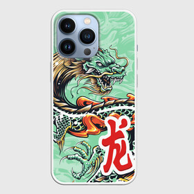 Чехол для iPhone 13 Pro с принтом Изумрудный дракон в Новосибирске,  |  | бирюзовая | драконы | змея | знак | иероглиф | китайский | когти | миф | огонь | пламя | разноцветная | рога | тату | татуировка | чешуя | яркая