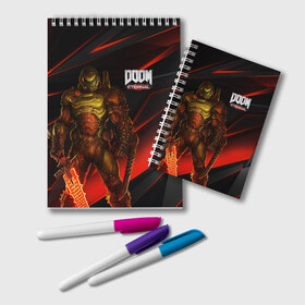 Блокнот с принтом DOOM ETERNAL в Новосибирске, 100% бумага | 48 листов, плотность листов — 60 г/м2, плотность картонной обложки — 250 г/м2. Листы скреплены удобной пружинной спиралью. Цвет линий — светло-серый
 | Тематика изображения на принте: demons | devil | doom | doom eternal | doom guy | doom slayer | hell | iddqd | slayer | ад | демоны | дум | палач рока