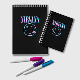 Блокнот с принтом Nirvana(Спина) в Новосибирске, 100% бумага | 48 листов, плотность листов — 60 г/м2, плотность картонной обложки — 250 г/м2. Листы скреплены удобной пружинной спиралью. Цвет линий — светло-серый
 | nirvana | гитара | голограмма | кобейн | курт | курт кобейн | музыка | неон | нирвана | рок | смайл