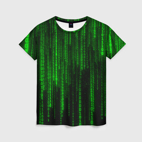 Женская футболка 3D с принтом Матрица код цифры программист в Новосибирске, 100% полиэфир ( синтетическое хлопкоподобное полотно) | прямой крой, круглый вырез горловины, длина до линии бедер | бинарный код | веб | вирус | всемирная паутина | двоичный код | зеленый | интернет | информация | кибер | код | кодер | кодирование | матрица | наука | олдскул | по | программирование