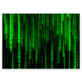 Поздравительная открытка с принтом Матрица код цифры программист в Новосибирске, 100% бумага | плотность бумаги 280 г/м2, матовая, на обратной стороне линовка и место для марки
 | Тематика изображения на принте: бинарный код | веб | вирус | всемирная паутина | двоичный код | зеленый | интернет | информация | кибер | код | кодер | кодирование | матрица | наука | олдскул | по | программирование