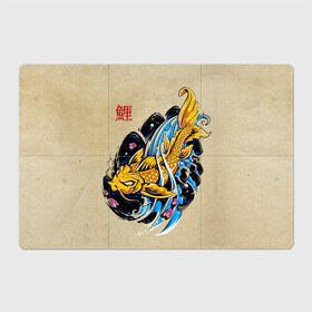 Магнитный плакат 3Х2 с принтом Золотая рыба кои в Новосибирске, Полимерный материал с магнитным слоем | 6 деталей размером 9*9 см | Тематика изображения на принте: волны | золотая | иероглиф | иллюстрация | китайская | кои | краски | море | разноцветная | рисунок | рыбка | рыбы | традиционная | узор | японская | яркая