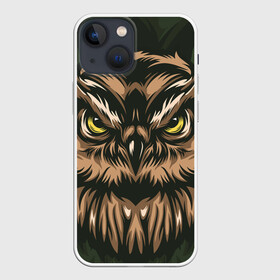 Чехол для iPhone 13 mini с принтом Хищная сова в Новосибирске,  |  | Тематика изображения на принте: adventure | outdoor | глаза | злая | лес | плакат | приключения | природа | птица | сова | хищная