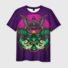 Мужская футболка 3D с принтом Маска Хання (Ханья) в Новосибирске, 100% полиэфир | прямой крой, круглый вырез горловины, длина до линии бедер | воин | доспехи | дым | закат | иероглифы | изумрудная | китай | маска | неон | неоновая | разноцветная | фиолетовая | хання | ханья | япония