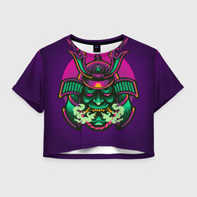 Женская футболка Crop-top 3D с принтом Маска Хання (Ханья) в Новосибирске, 100% полиэстер | круглая горловина, длина футболки до линии талии, рукава с отворотами | воин | доспехи | дым | закат | иероглифы | изумрудная | китай | маска | неон | неоновая | разноцветная | фиолетовая | хання | ханья | япония