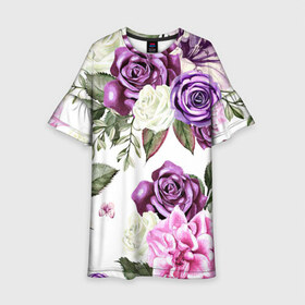 Детское платье 3D с принтом Красивые розы в Новосибирске, 100% полиэстер | прямой силуэт, чуть расширенный к низу. Круглая горловина, на рукавах — воланы | Тематика изображения на принте: белые розы | белый | необычные | розовый | розы | синие розы | синий | фиолетовые розы | фиолетовый | цветы
