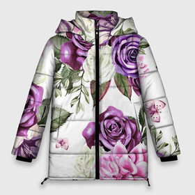 Женская зимняя куртка 3D с принтом Красивые розы в Новосибирске, верх — 100% полиэстер; подкладка — 100% полиэстер; утеплитель — 100% полиэстер | длина ниже бедра, силуэт Оверсайз. Есть воротник-стойка, отстегивающийся капюшон и ветрозащитная планка. 

Боковые карманы с листочкой на кнопках и внутренний карман на молнии | Тематика изображения на принте: белые розы | белый | необычные | розовый | розы | синие розы | синий | фиолетовые розы | фиолетовый | цветы