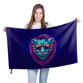 Флаг 3D с принтом Неоновый лев в очках в Новосибирске, 100% полиэстер | плотность ткани — 95 г/м2, размер — 67 х 109 см. Принт наносится с одной стороны | грива | животные | закат | зверей | кошка | лев | лето | львенок | неоновая | очки | пляж | прайд | разноцветная | солнце | тигр | царь