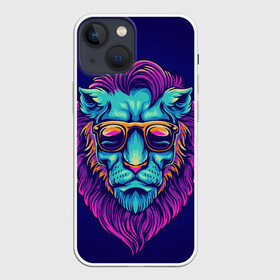 Чехол для iPhone 13 mini с принтом Неоновый лев в очках в Новосибирске,  |  | Тематика изображения на принте: грива | животные | закат | зверей | кошка | лев | лето | львенок | неоновая | очки | пляж | прайд | разноцветная | солнце | тигр | царь