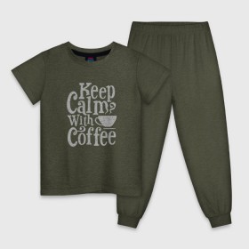 Детская пижама хлопок с принтом Keep calm with coffee в Новосибирске, 100% хлопок |  брюки и футболка прямого кроя, без карманов, на брюках мягкая резинка на поясе и по низу штанин
 | coffee | keep calm | ароматный | бодрящий | горячий | кофе | кофеек | кофейная | кофеман | кофи | крепкие | крепкий | нервы | с кофе | с утра | сохраняй спокойствие | успокаивает | утренний | утро | чашка