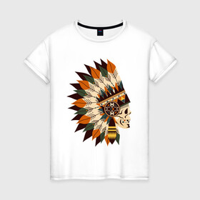 Женская футболка хлопок с принтом Индейские мотивы в Новосибирске, 100% хлопок | прямой крой, круглый вырез горловины, длина до линии бедер, слегка спущенное плечо | арт | индеец | индейцы | перо | перья | стрела стрелы | сша | череп | черепа