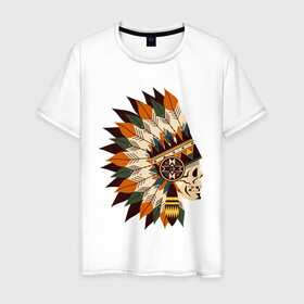 Мужская футболка хлопок с принтом Индейские мотивы в Новосибирске, 100% хлопок | прямой крой, круглый вырез горловины, длина до линии бедер, слегка спущенное плечо. | арт | индеец | индейцы | перо | перья | стрела стрелы | сша | череп | черепа