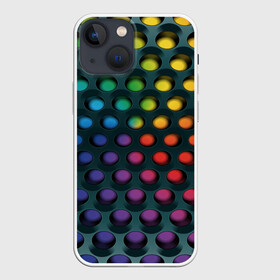 Чехол для iPhone 13 mini с принтом 3Д спектр в Новосибирске,  |  | горошек | железо | жесть | излучение | иллюзия | круги | лампочки | металл | оболочка | объём | радуга | сияние | соты | сталь | фонари | шарики | шары