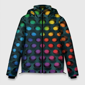 Мужская зимняя куртка 3D с принтом 3Д спектр в Новосибирске, верх — 100% полиэстер; подкладка — 100% полиэстер; утеплитель — 100% полиэстер | длина ниже бедра, свободный силуэт Оверсайз. Есть воротник-стойка, отстегивающийся капюшон и ветрозащитная планка. 

Боковые карманы с листочкой на кнопках и внутренний карман на молнии. | Тематика изображения на принте: горошек | железо | жесть | излучение | иллюзия | круги | лампочки | металл | оболочка | объём | радуга | сияние | соты | сталь | фонари | шарики | шары