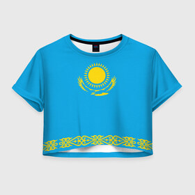 Женская футболка Crop-top 3D с принтом Казахстан в Новосибирске, 100% полиэстер | круглая горловина, длина футболки до линии талии, рукава с отворотами | Тематика изображения на принте: kazakhstan | казахстан