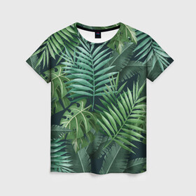 Женская футболка 3D с принтом Тропики  в Новосибирске, 100% полиэфир ( синтетическое хлопкоподобное полотно) | прямой крой, круглый вырез горловины, длина до линии бедер | summer | банановая | банановые | джунгли | зелень | краски | летняя | лето | листики | листы | листья | надпись | настроение | отдых | отпуск | пальма | пальмовые | пальмы | папоротник | пляжная | позитив