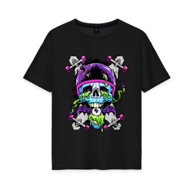 Женская футболка хлопок Oversize с принтом Crazy skull в Новосибирске, 100% хлопок | свободный крой, круглый ворот, спущенный рукав, длина до линии бедер
 | bat | eye | grin | helmet | jaw | orbits | skateboard | skull | teeth | wings | глаз | глазницы | зубы | крылья | летучая мышь | оскал | пасть | скейтборд | череп | шлем